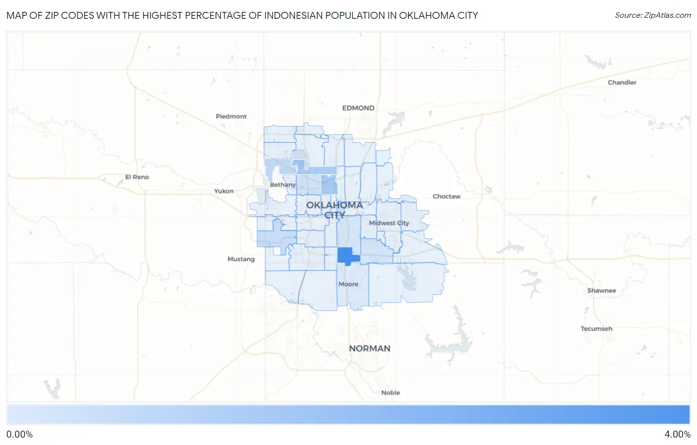 Zip Codes with the Highest Percentage of Indonesian Population in Oklahoma City Map