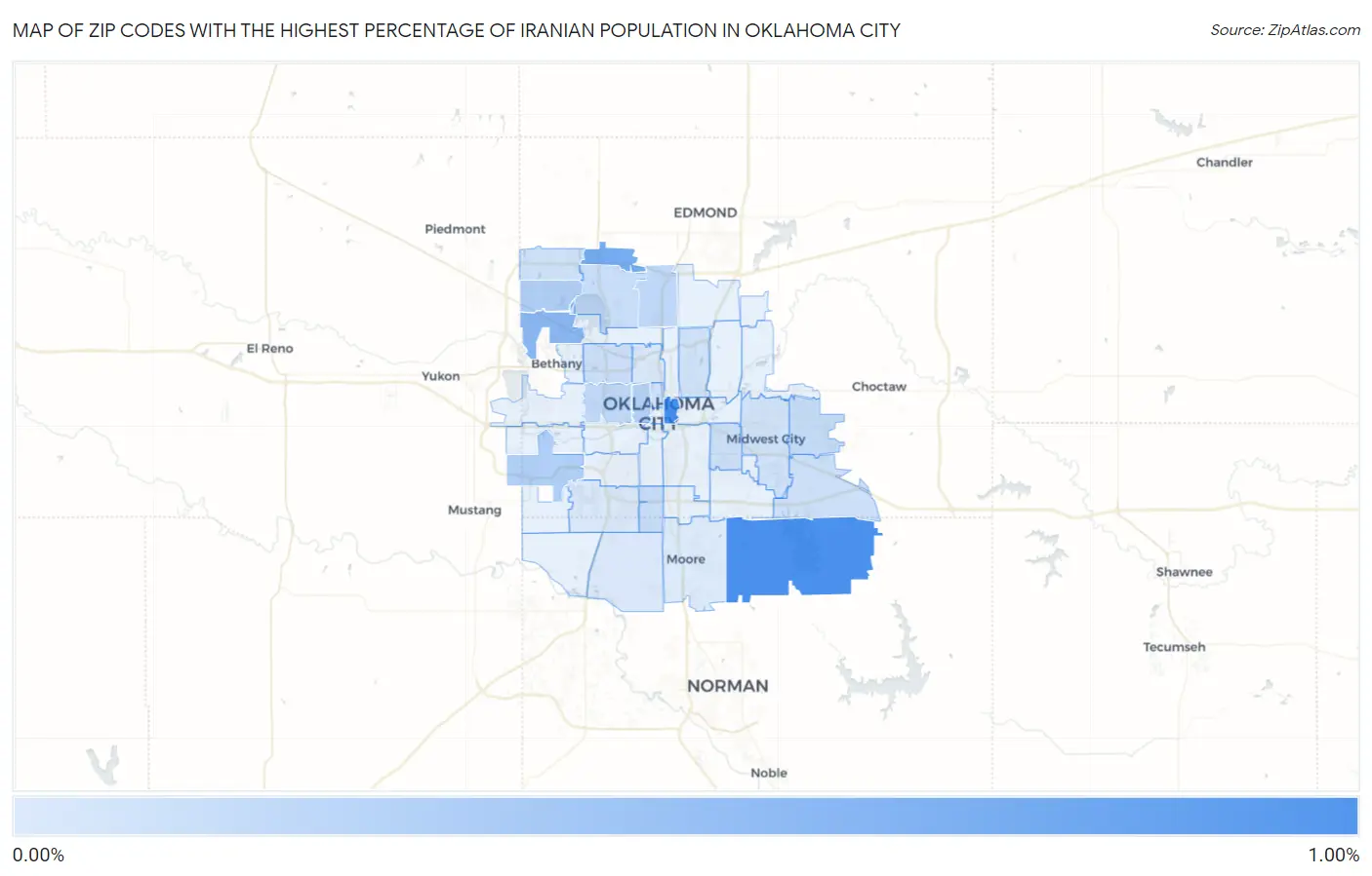 Zip Codes with the Highest Percentage of Iranian Population in Oklahoma City Map
