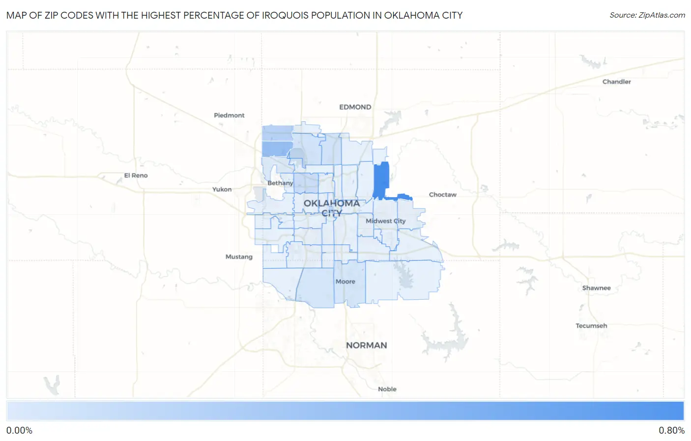 Zip Codes with the Highest Percentage of Iroquois Population in Oklahoma City Map