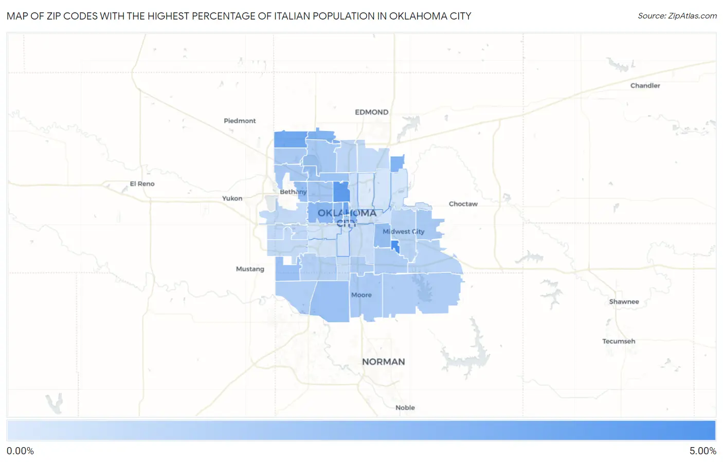 Zip Codes with the Highest Percentage of Italian Population in Oklahoma City Map