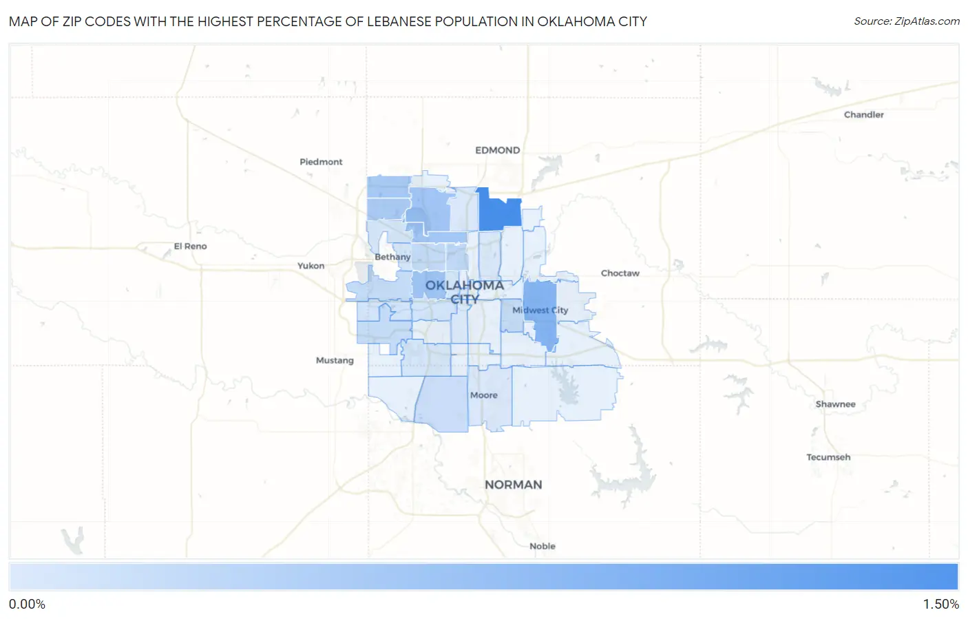 Zip Codes with the Highest Percentage of Lebanese Population in Oklahoma City Map