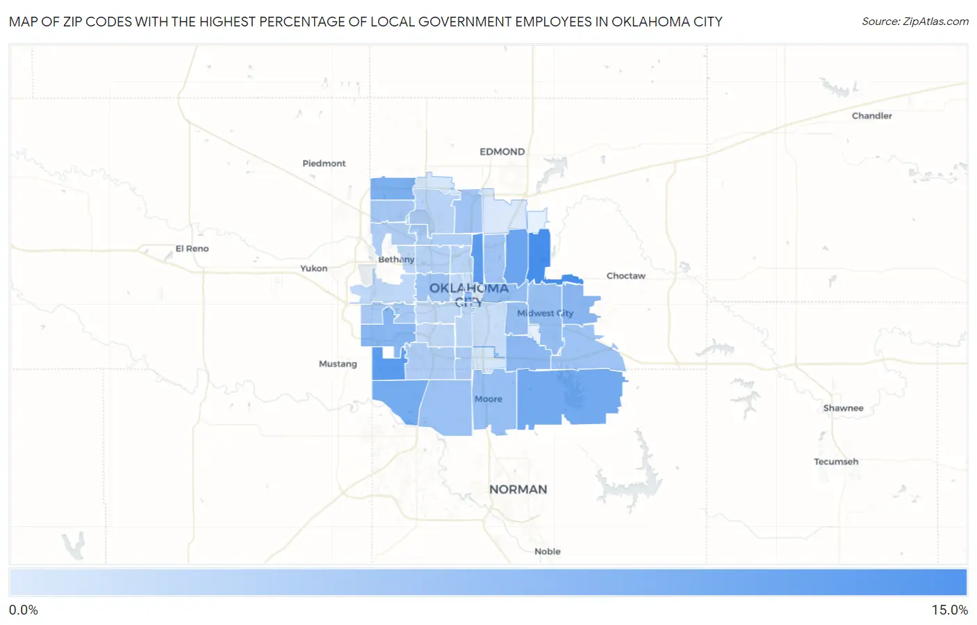 Zip Codes with the Highest Percentage of Local Government Employees in Oklahoma City Map