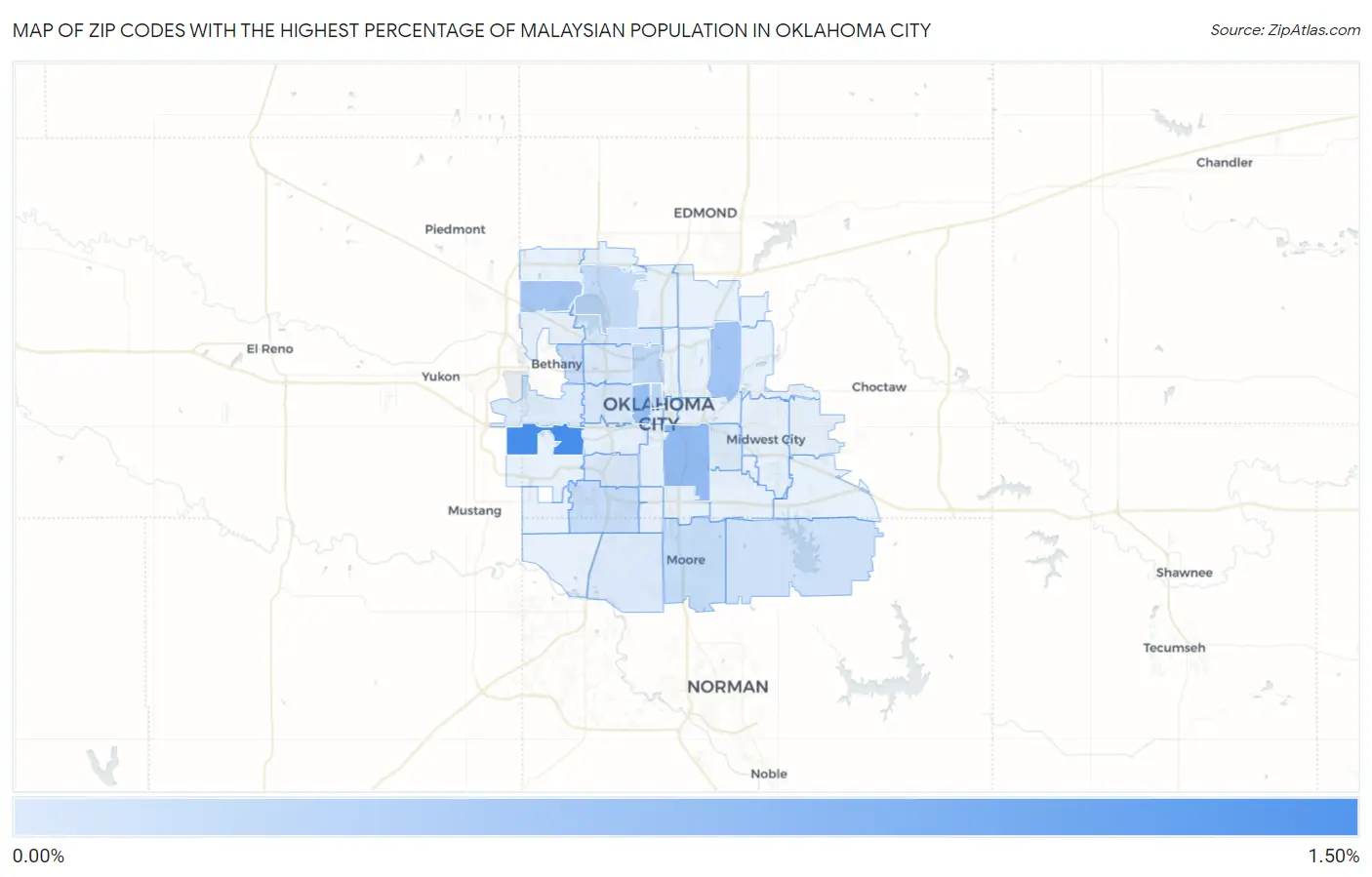 Zip Codes with the Highest Percentage of Malaysian Population in Oklahoma City Map