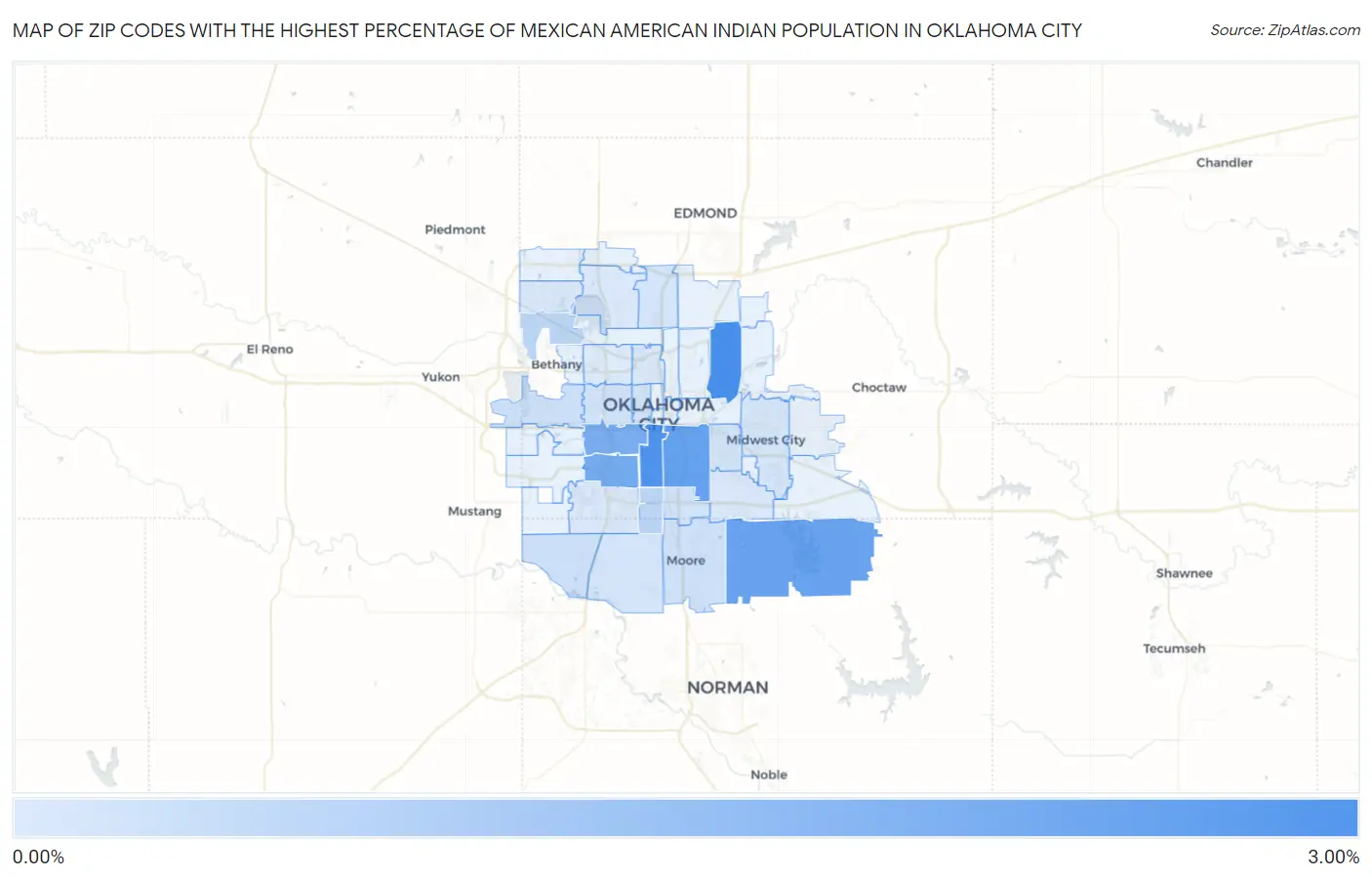 Zip Codes with the Highest Percentage of Mexican American Indian Population in Oklahoma City Map