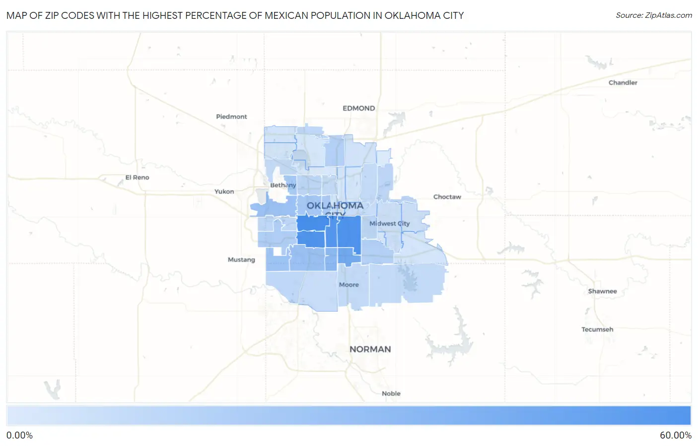 Zip Codes with the Highest Percentage of Mexican Population in Oklahoma City Map