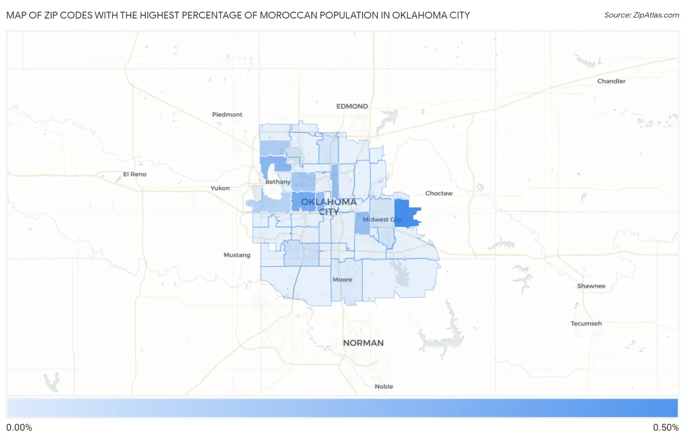Zip Codes with the Highest Percentage of Moroccan Population in Oklahoma City Map