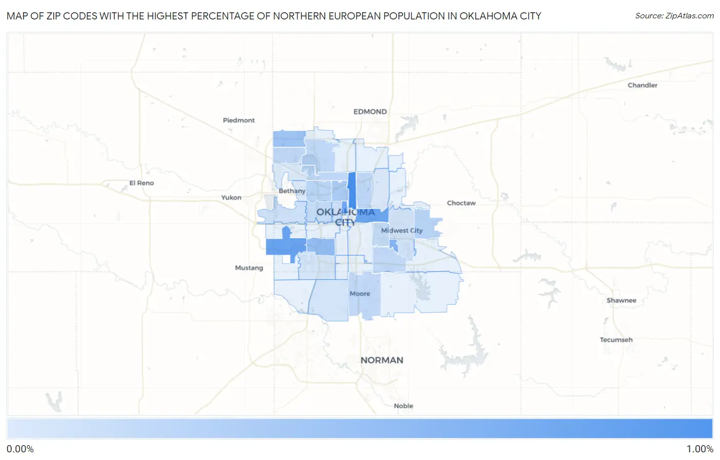 Zip Codes with the Highest Percentage of Northern European Population in Oklahoma City Map