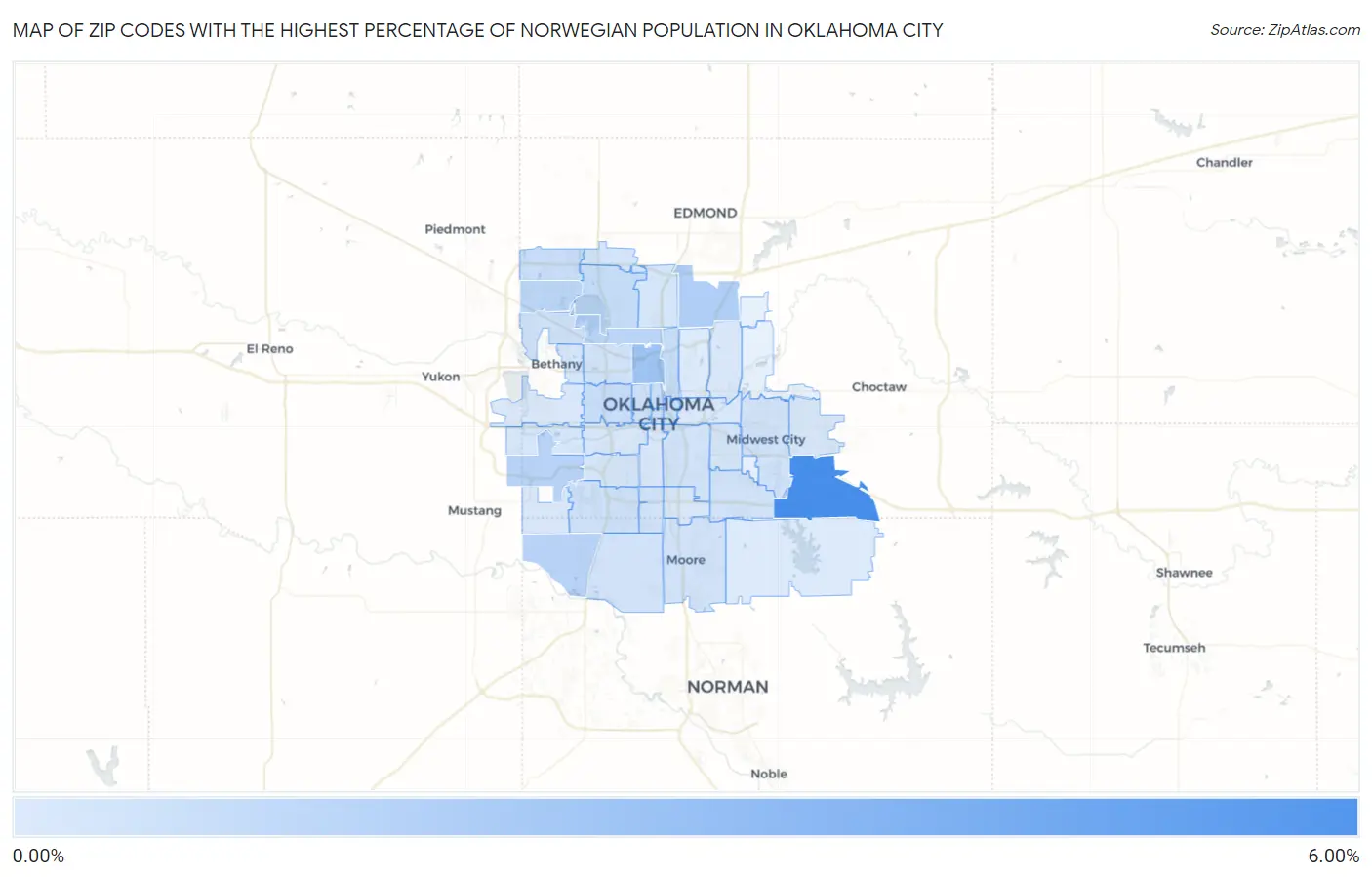 Zip Codes with the Highest Percentage of Norwegian Population in Oklahoma City Map