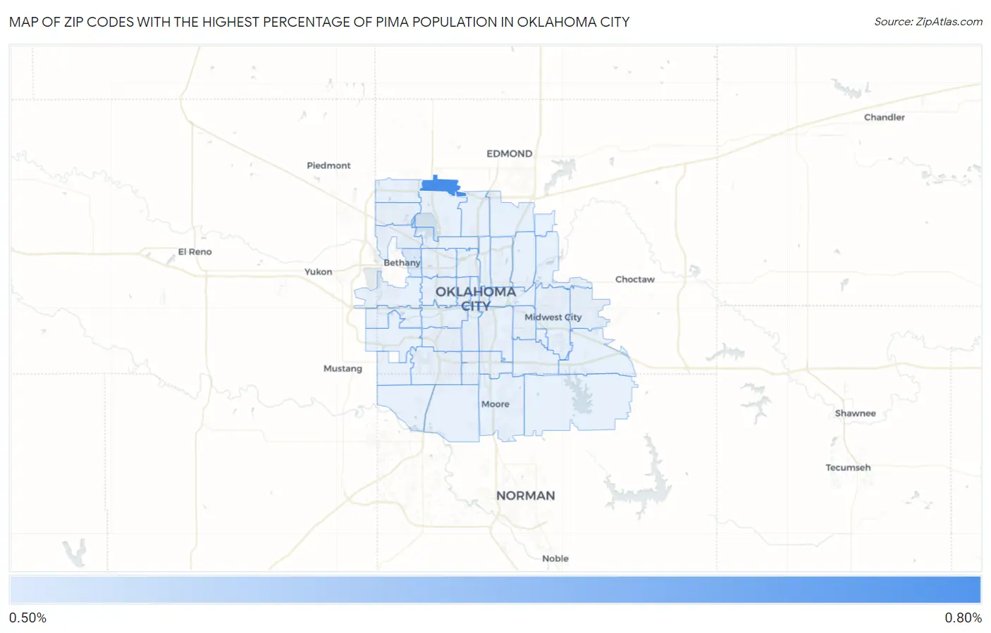Zip Codes with the Highest Percentage of Pima Population in Oklahoma City Map