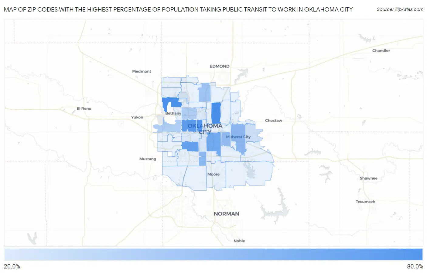 Zip Codes with the Highest Percentage of Population Taking Public Transit to Work in Oklahoma City Map