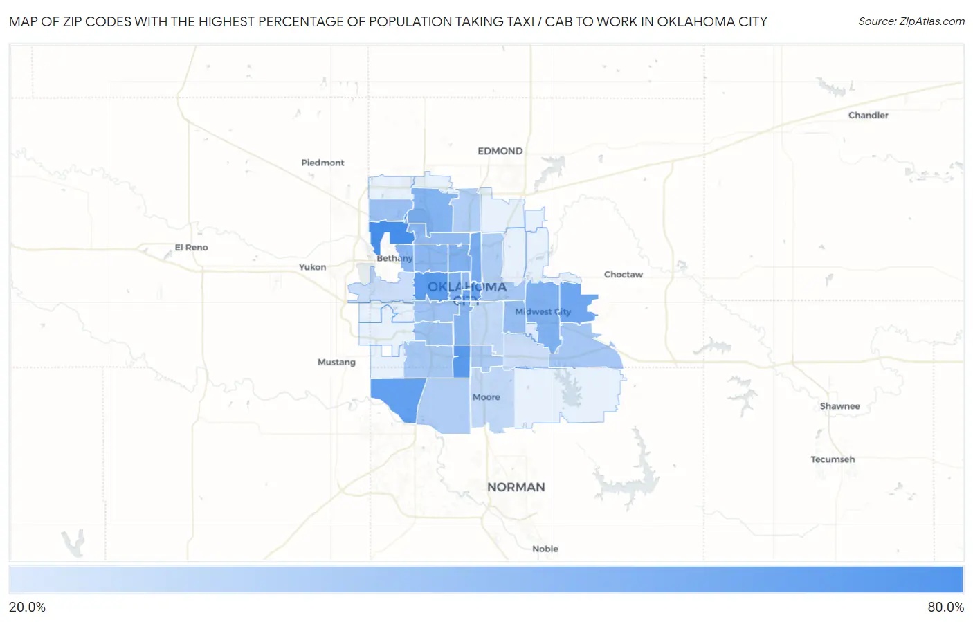 Zip Codes with the Highest Percentage of Population Taking Taxi / Cab to Work in Oklahoma City Map