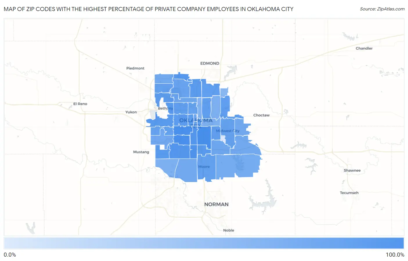 Zip Codes with the Highest Percentage of Private Company Employees in Oklahoma City Map