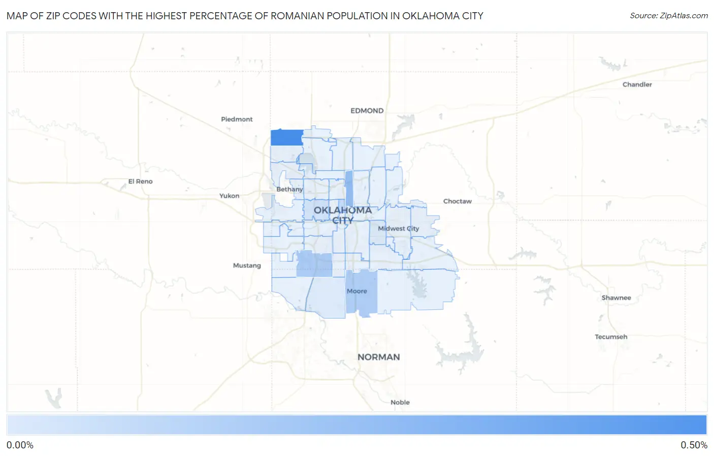 Zip Codes with the Highest Percentage of Romanian Population in Oklahoma City Map
