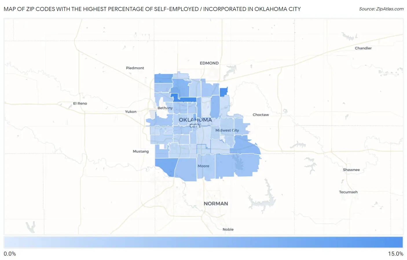 Zip Codes with the Highest Percentage of Self-Employed / Incorporated in Oklahoma City Map