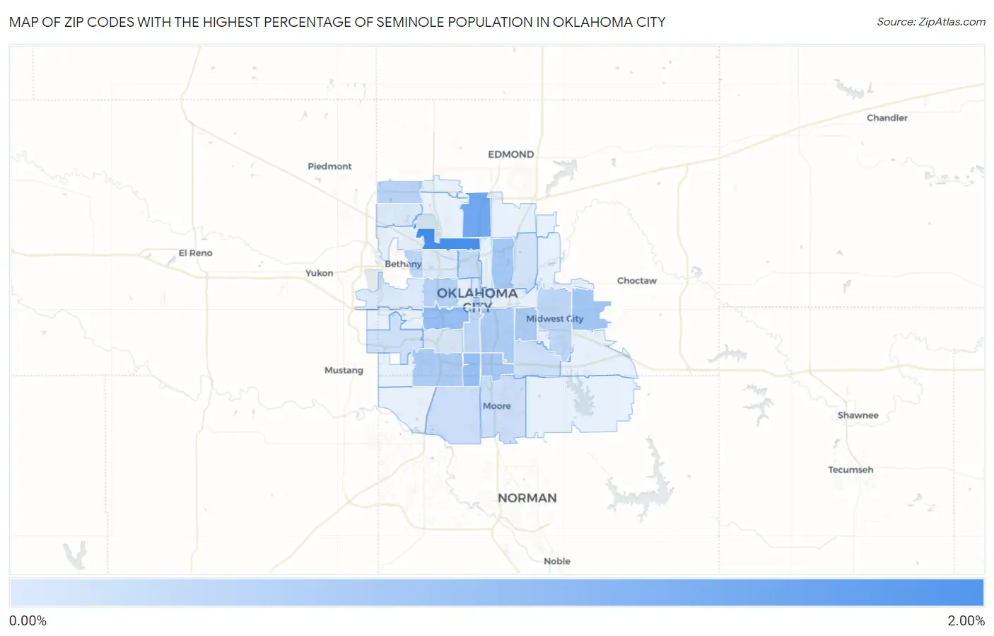 Zip Codes with the Highest Percentage of Seminole Population in Oklahoma City Map
