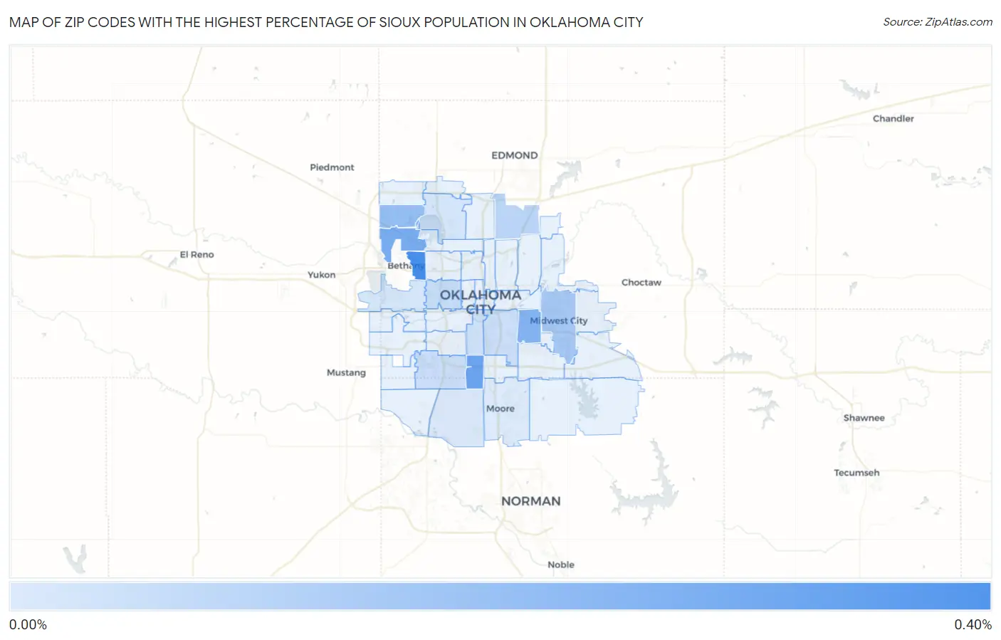 Zip Codes with the Highest Percentage of Sioux Population in Oklahoma City Map