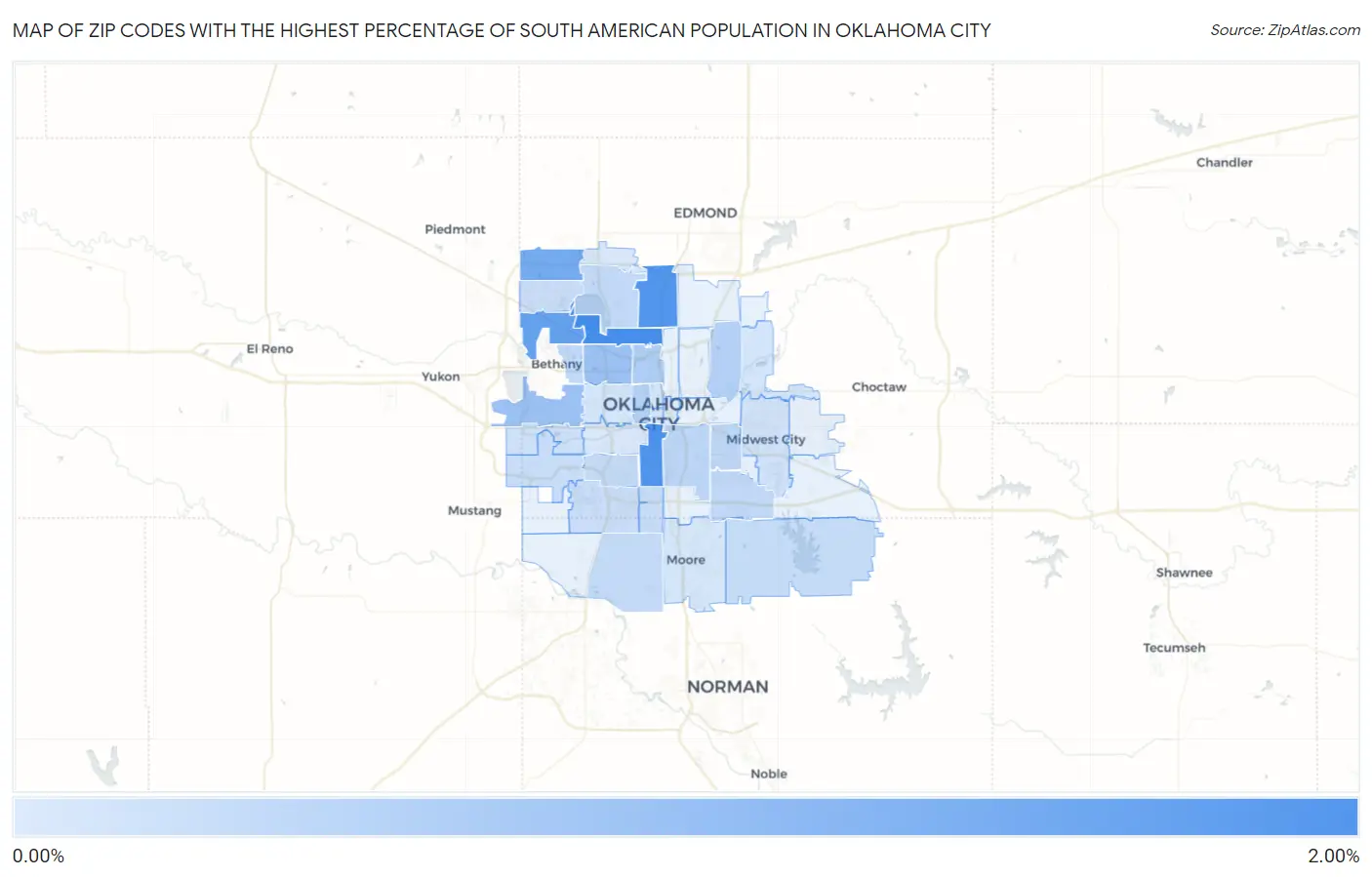 Zip Codes with the Highest Percentage of South American Population in Oklahoma City Map