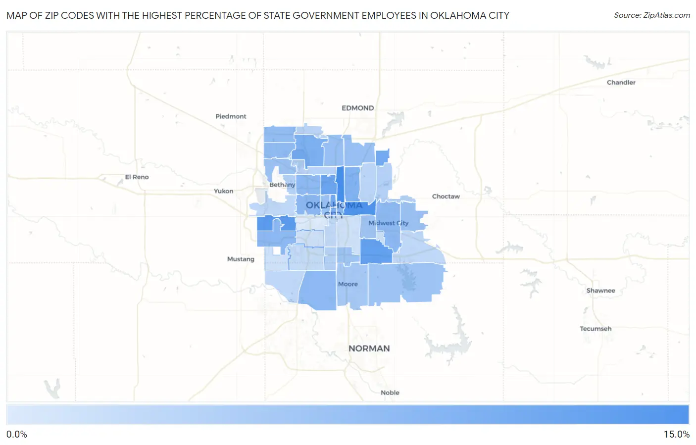 Zip Codes with the Highest Percentage of State Government Employees in Oklahoma City Map