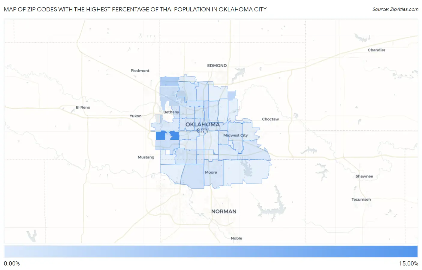 Zip Codes with the Highest Percentage of Thai Population in Oklahoma City Map