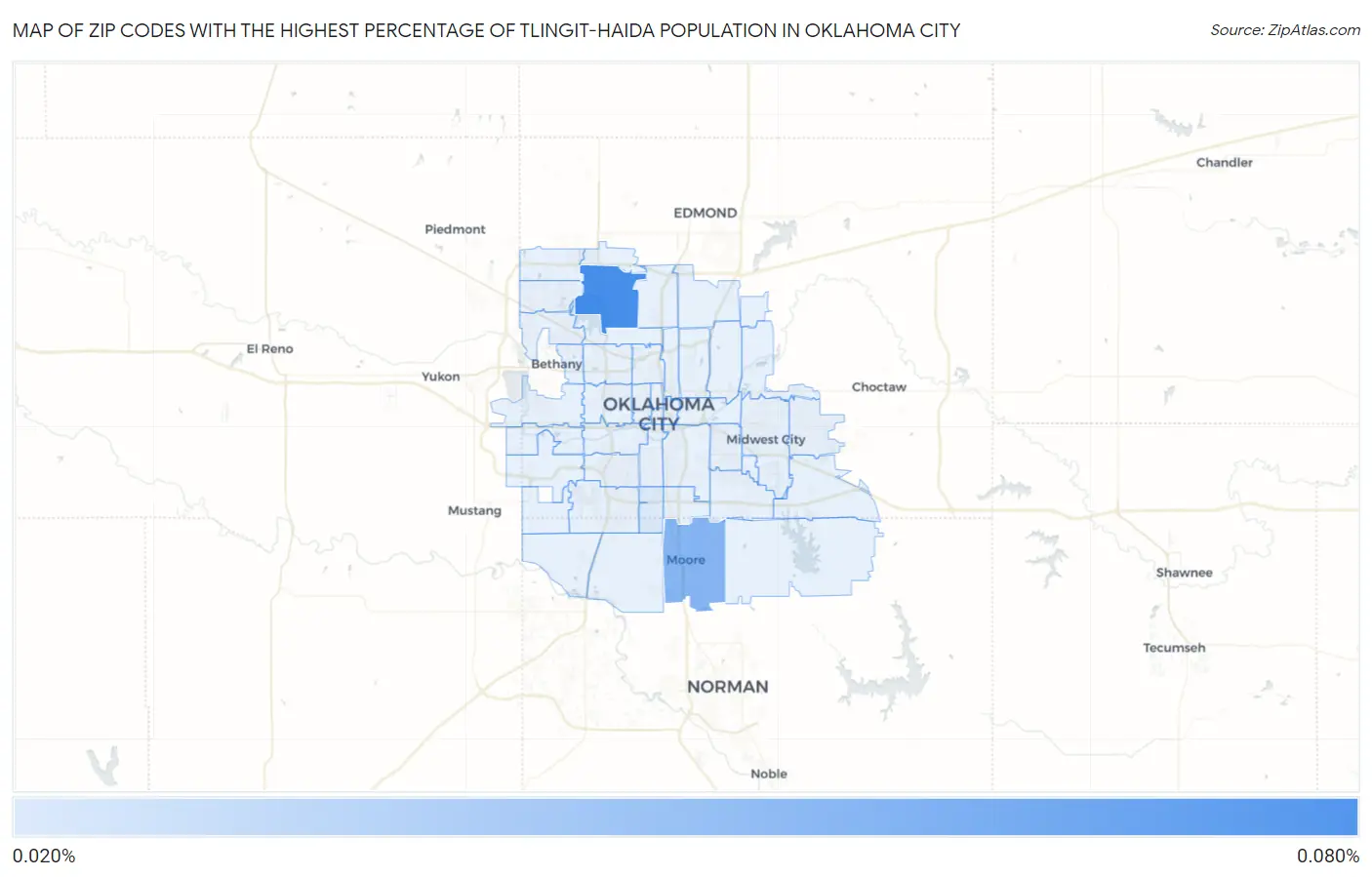 Zip Codes with the Highest Percentage of Tlingit-Haida Population in Oklahoma City Map