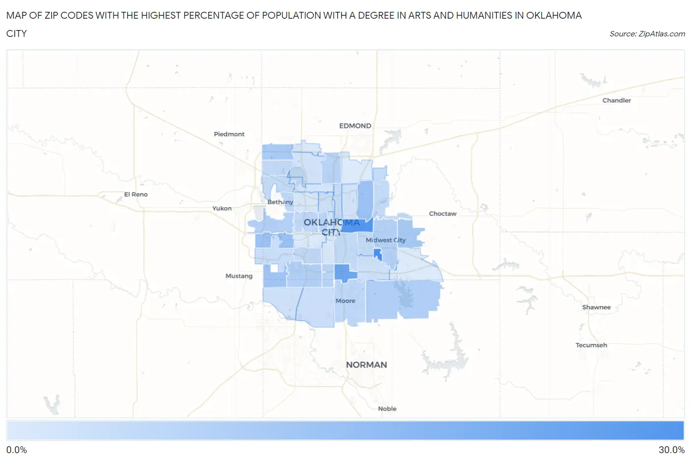 Zip Codes with the Highest Percentage of Population with a Degree in Arts and Humanities in Oklahoma City Map