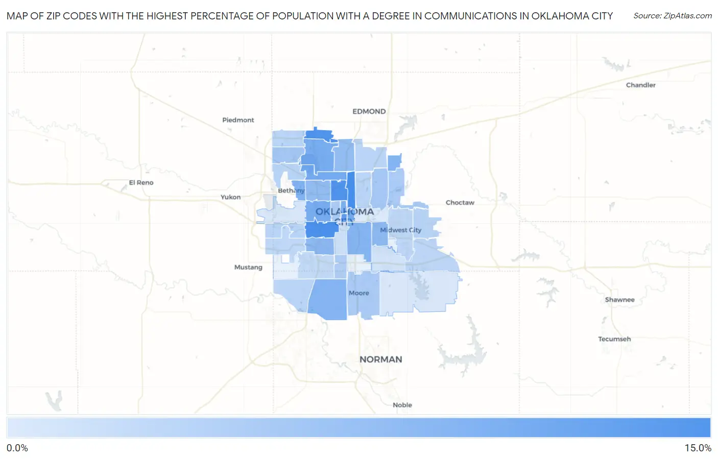 Zip Codes with the Highest Percentage of Population with a Degree in Communications in Oklahoma City Map