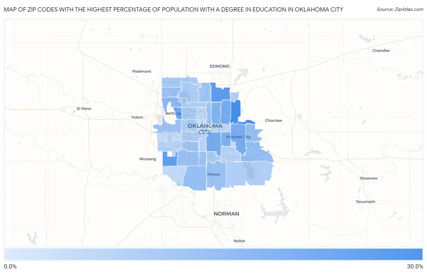 Zip Codes with the Highest Percentage of Population with a Degree in Education in Oklahoma City Map