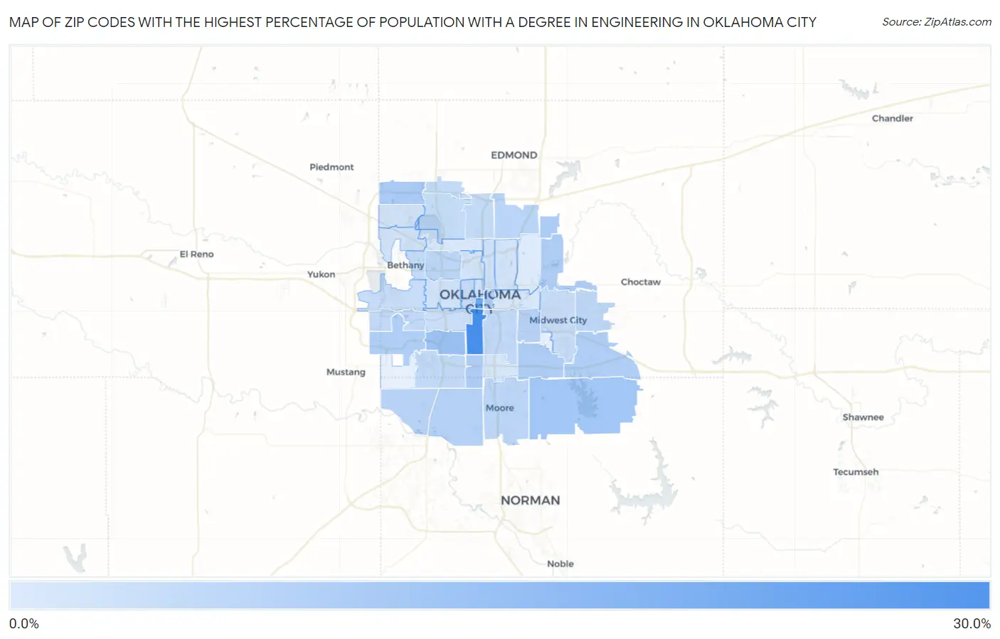 Zip Codes with the Highest Percentage of Population with a Degree in Engineering in Oklahoma City Map