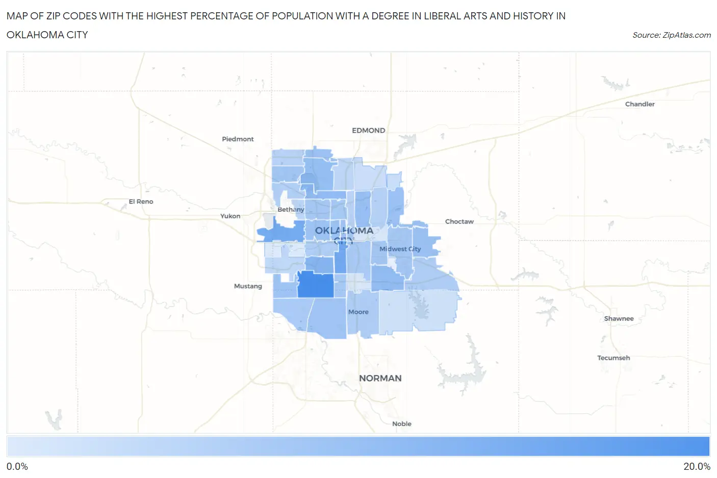Zip Codes with the Highest Percentage of Population with a Degree in Liberal Arts and History in Oklahoma City Map