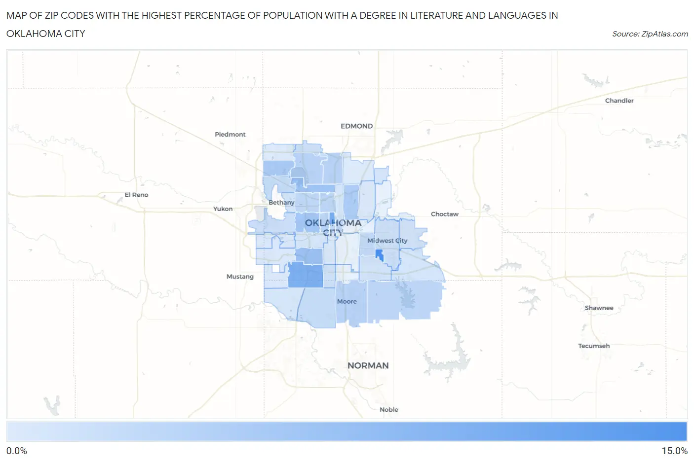 Zip Codes with the Highest Percentage of Population with a Degree in Literature and Languages in Oklahoma City Map