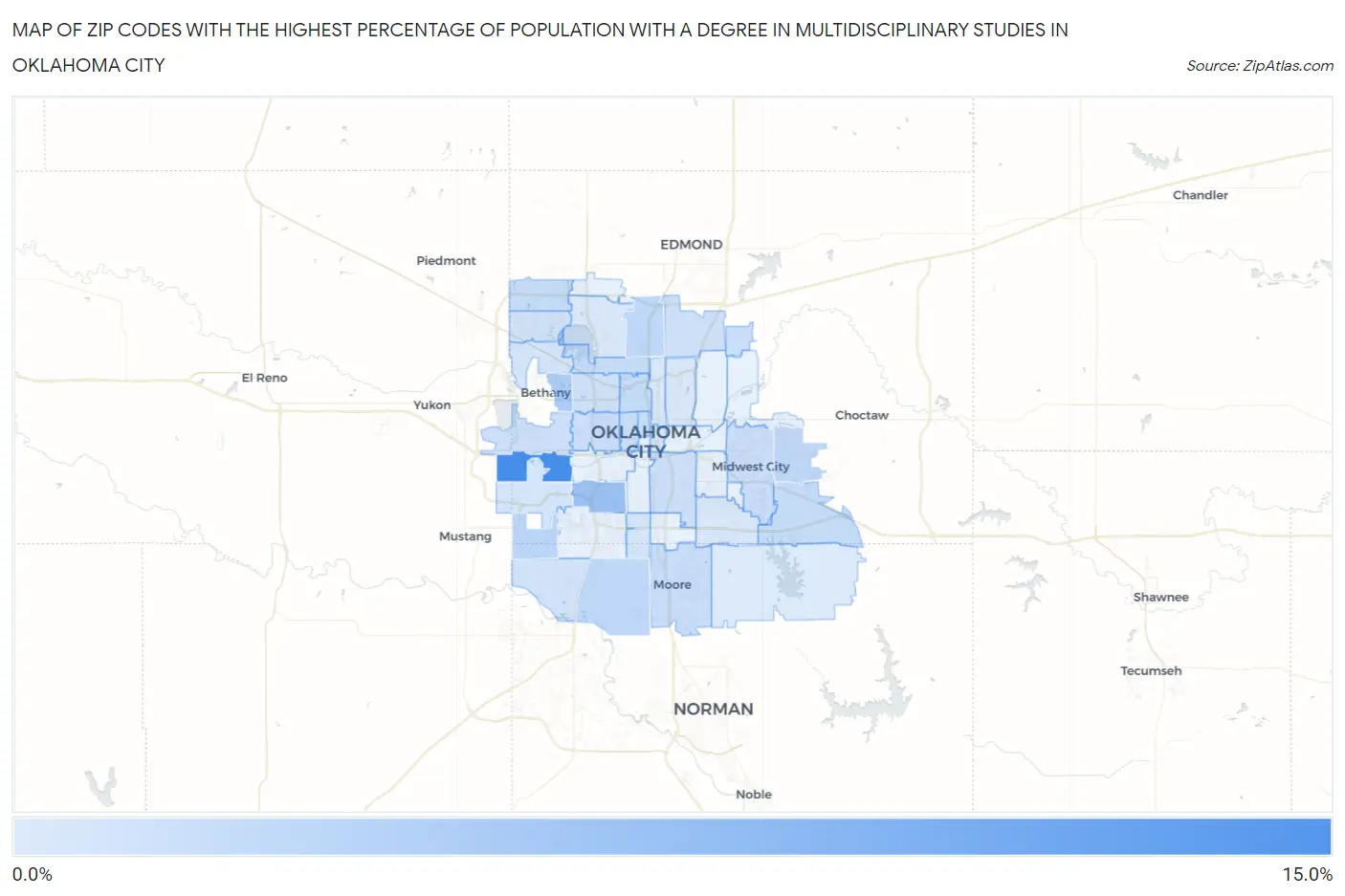 Zip Codes with the Highest Percentage of Population with a Degree in Multidisciplinary Studies in Oklahoma City Map
