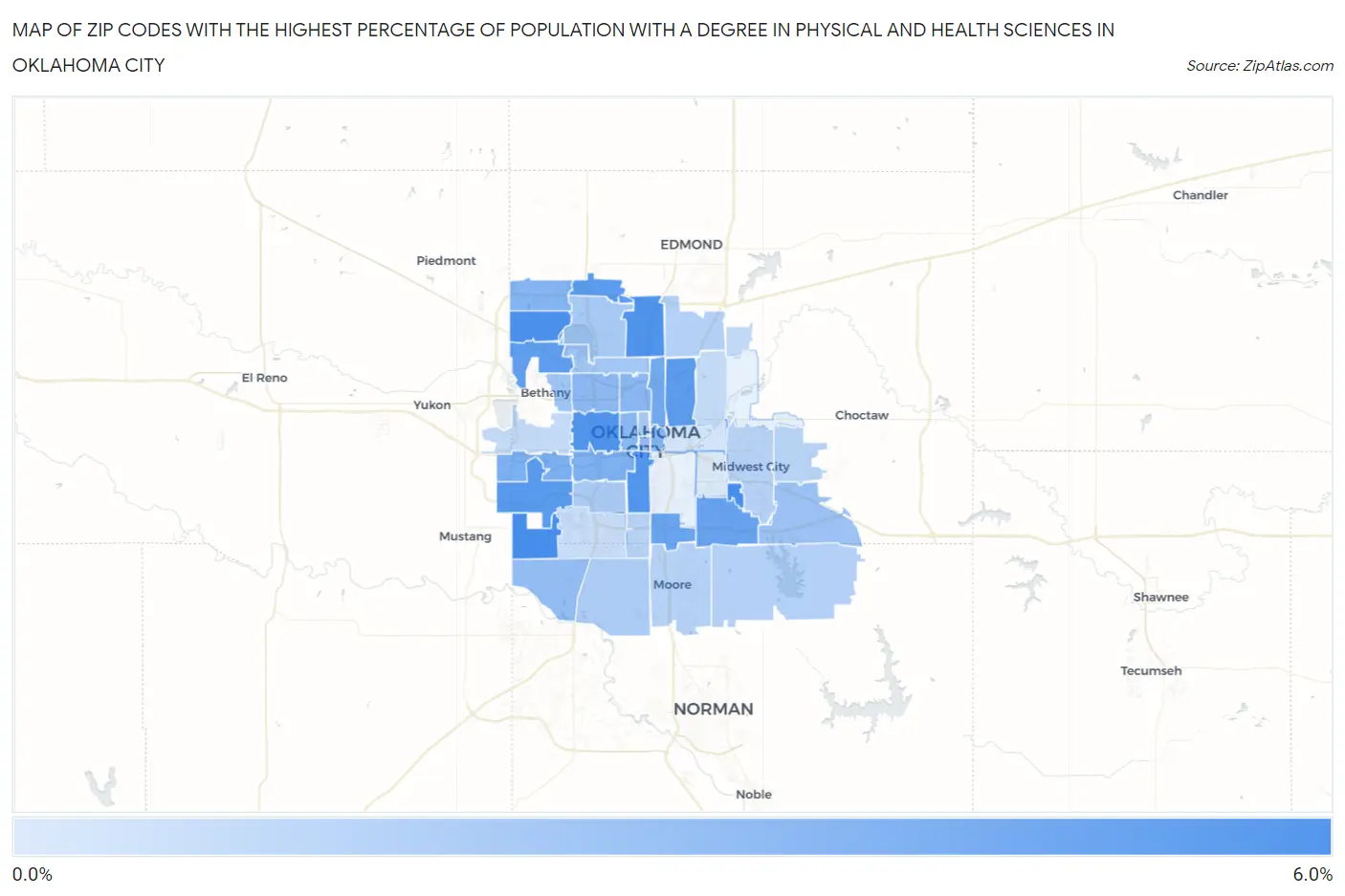 Zip Codes with the Highest Percentage of Population with a Degree in Physical and Health Sciences in Oklahoma City Map