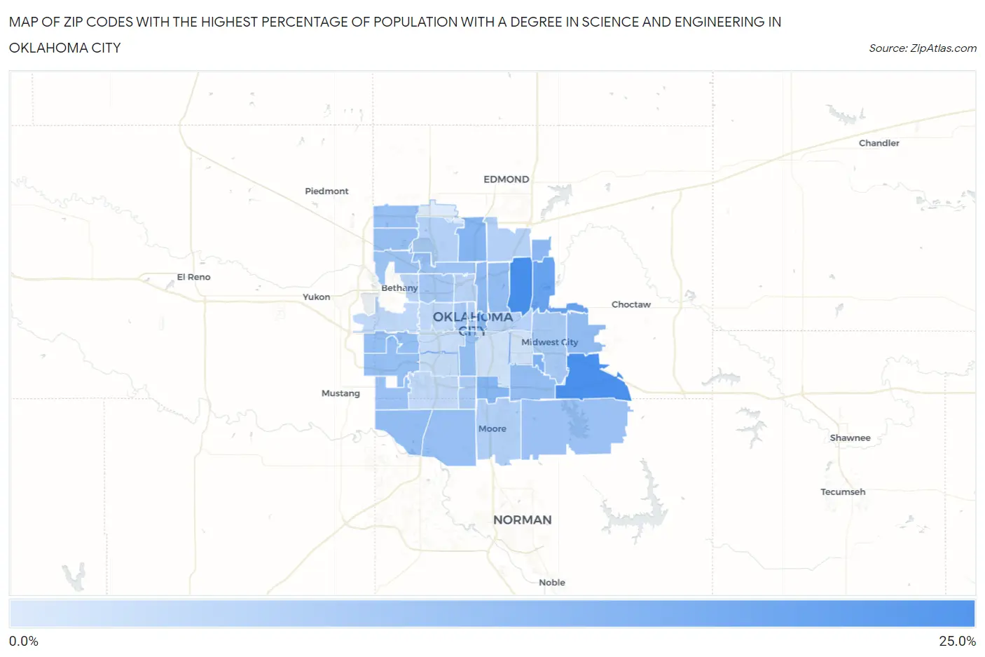 Zip Codes with the Highest Percentage of Population with a Degree in Science and Engineering in Oklahoma City Map