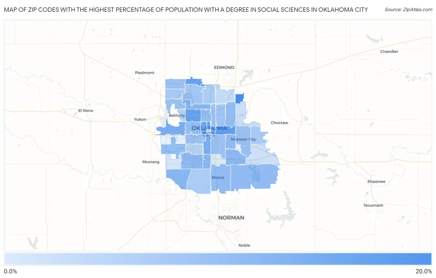 Zip Codes with the Highest Percentage of Population with a Degree in Social Sciences in Oklahoma City Map