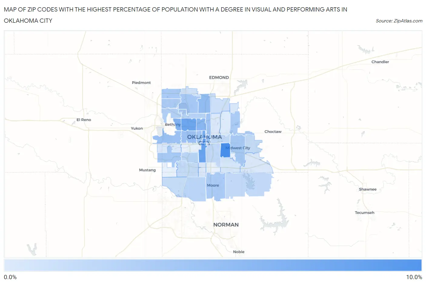 Zip Codes with the Highest Percentage of Population with a Degree in Visual and Performing Arts in Oklahoma City Map
