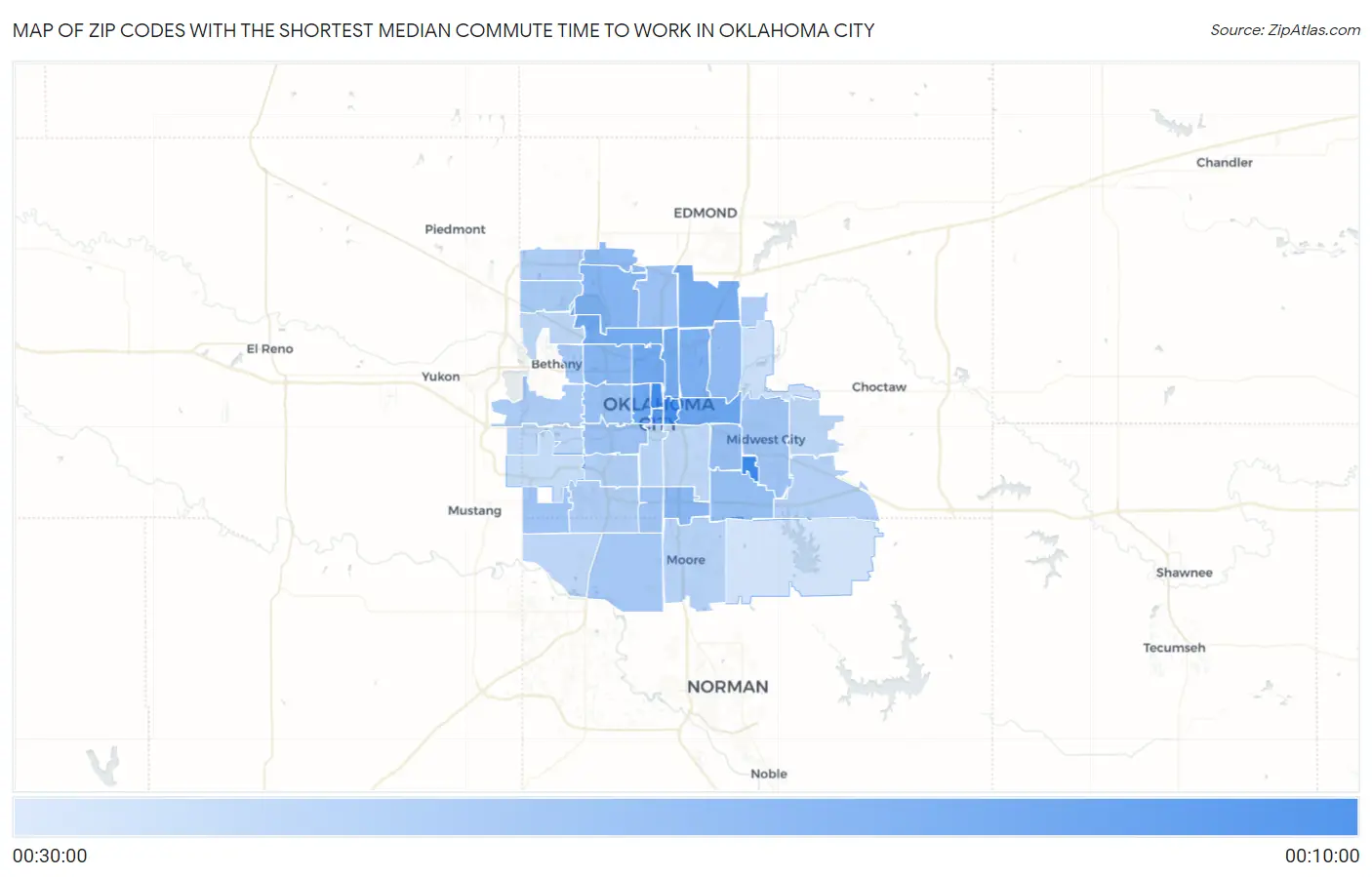 Zip Codes with the Shortest Median Commute Time to Work in Oklahoma City Map