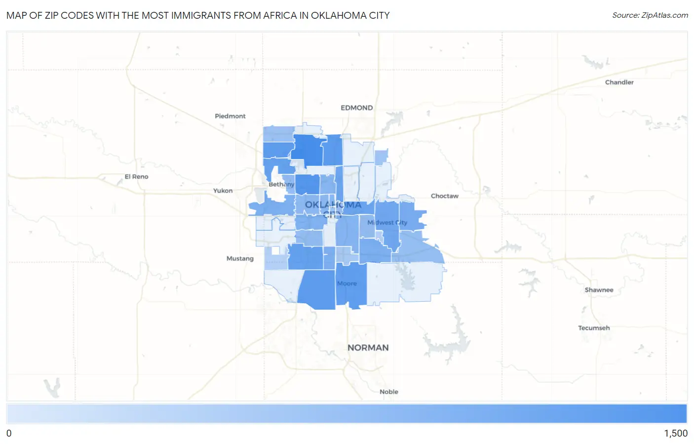 Zip Codes with the Most Immigrants from Africa in Oklahoma City Map