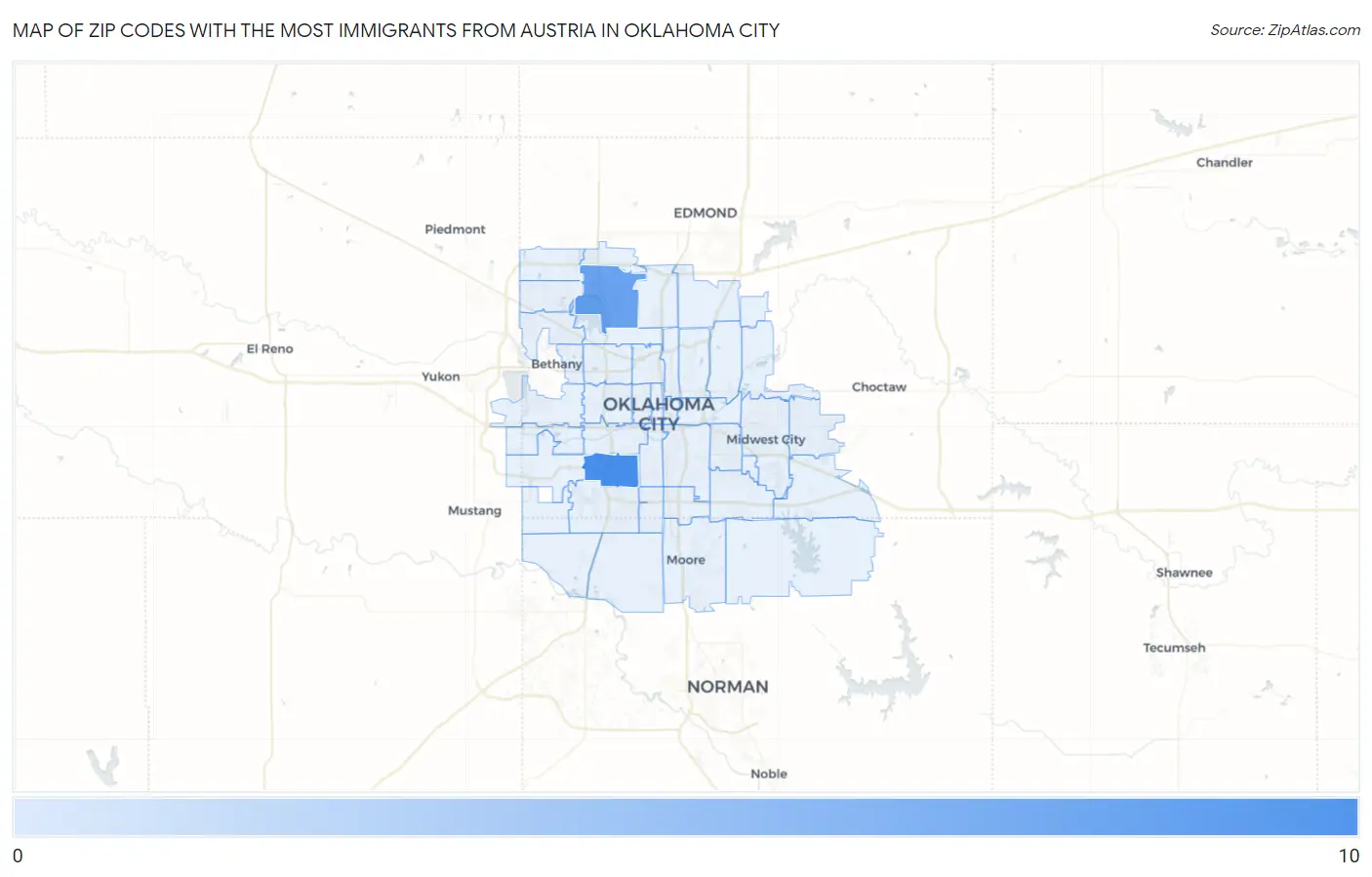 Zip Codes with the Most Immigrants from Austria in Oklahoma City Map