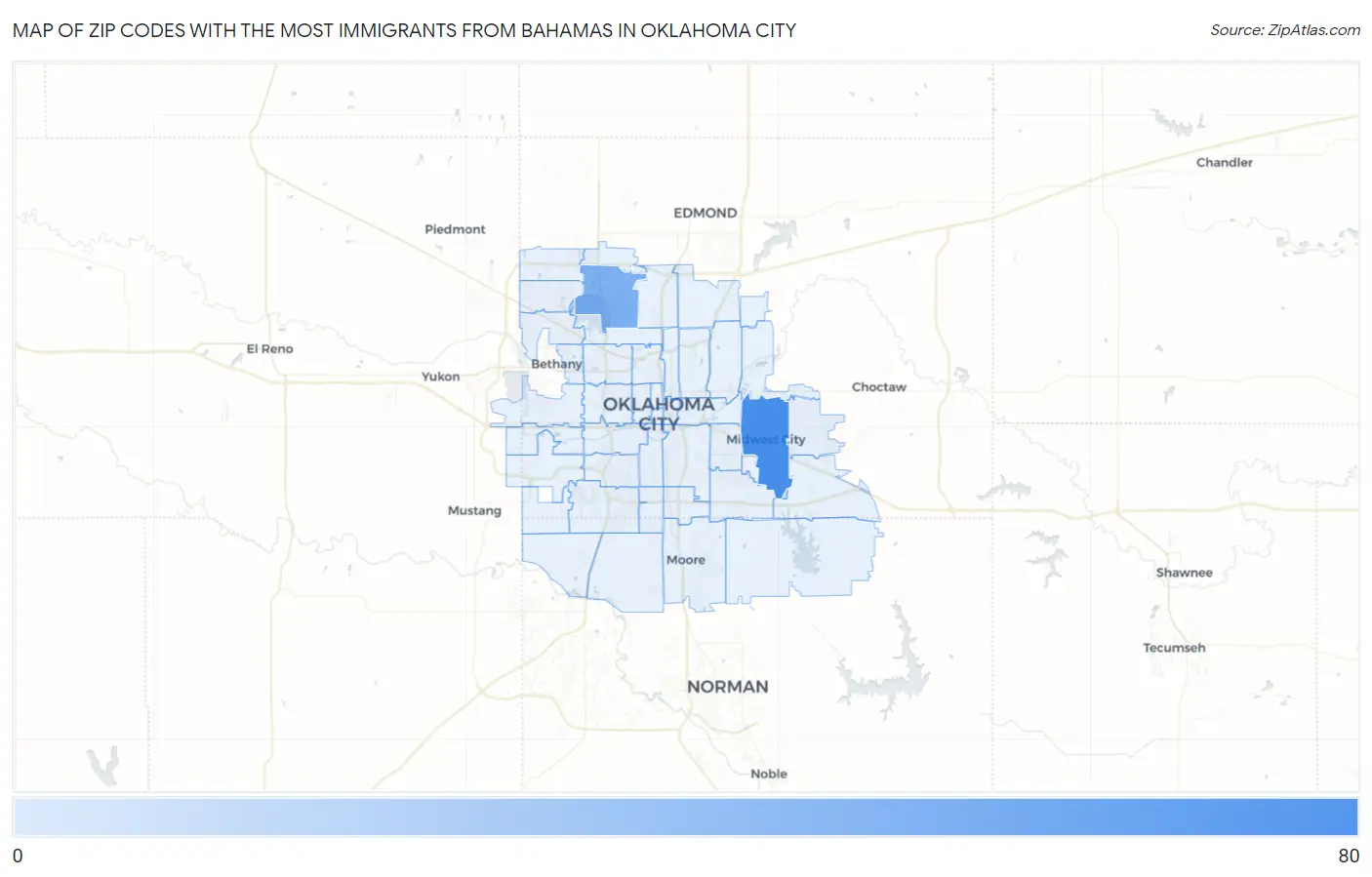 Zip Codes with the Most Immigrants from Bahamas in Oklahoma City Map