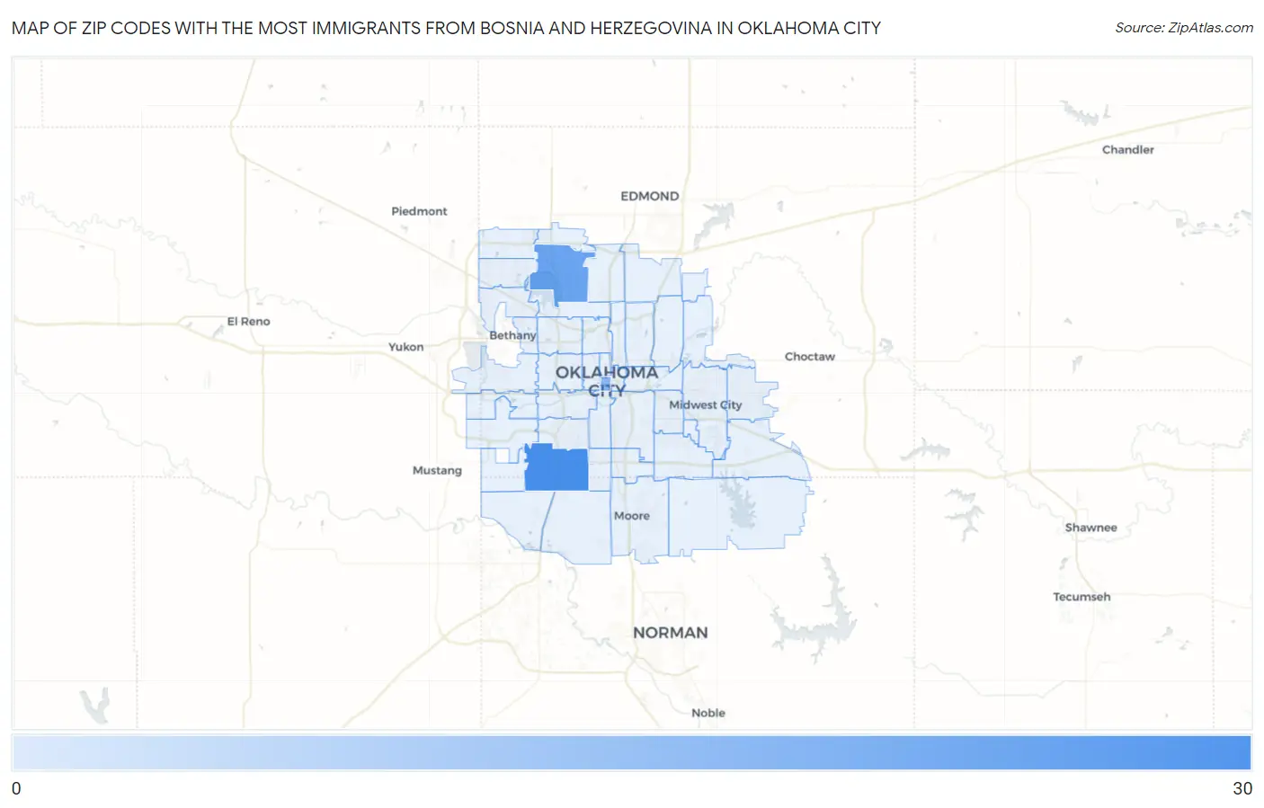 Zip Codes with the Most Immigrants from Bosnia and Herzegovina in Oklahoma City Map