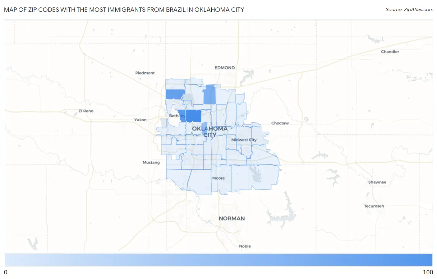 Zip Codes with the Most Immigrants from Brazil in Oklahoma City Map