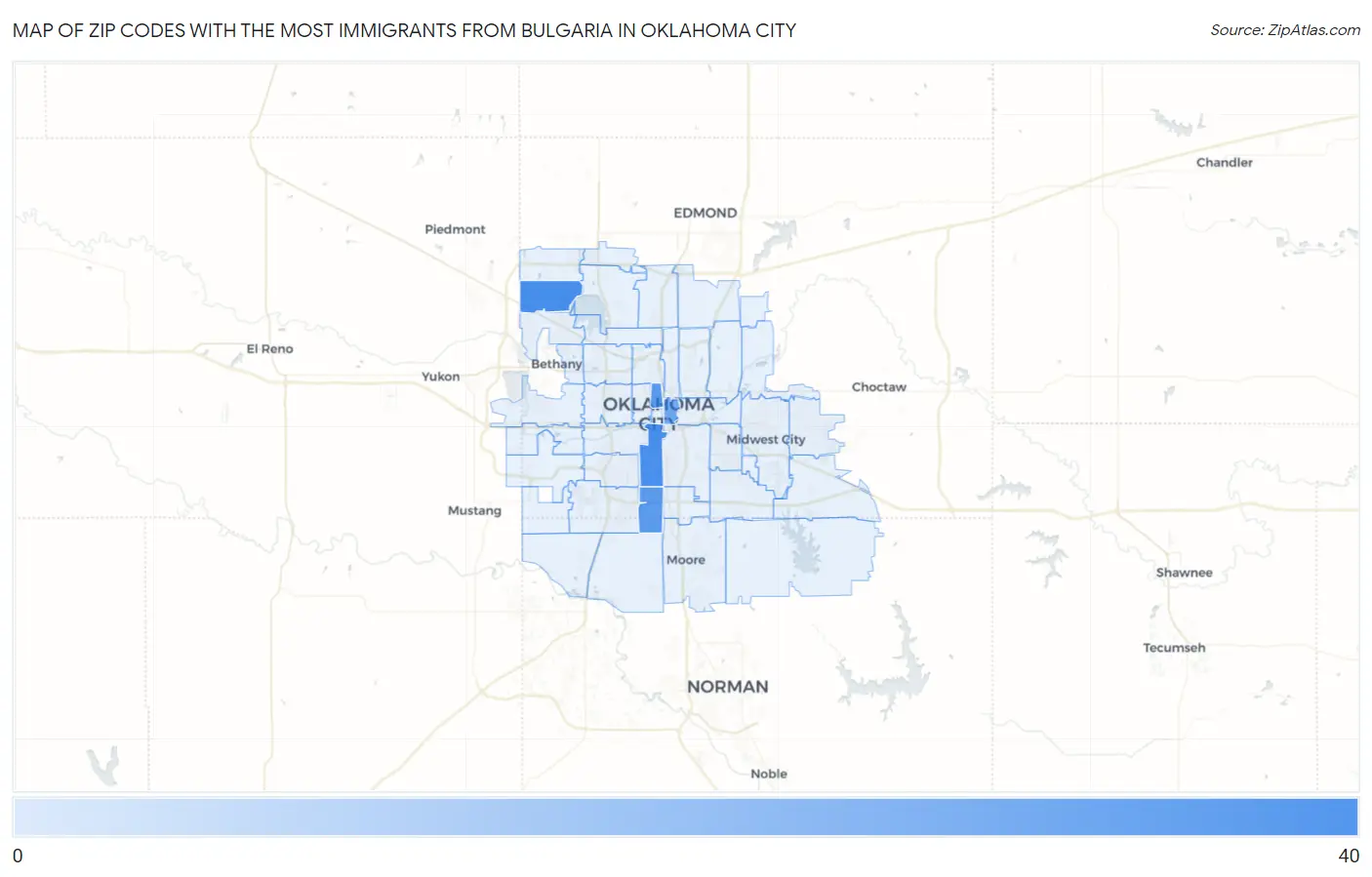 Zip Codes with the Most Immigrants from Bulgaria in Oklahoma City Map