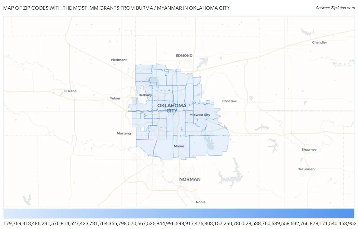Zip Codes with the Most Immigrants from Burma / Myanmar in Oklahoma City Map
