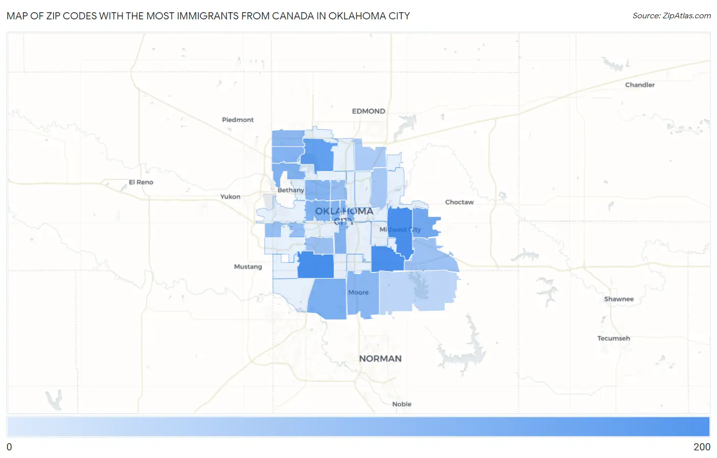 Zip Codes with the Most Immigrants from Canada in Oklahoma City Map