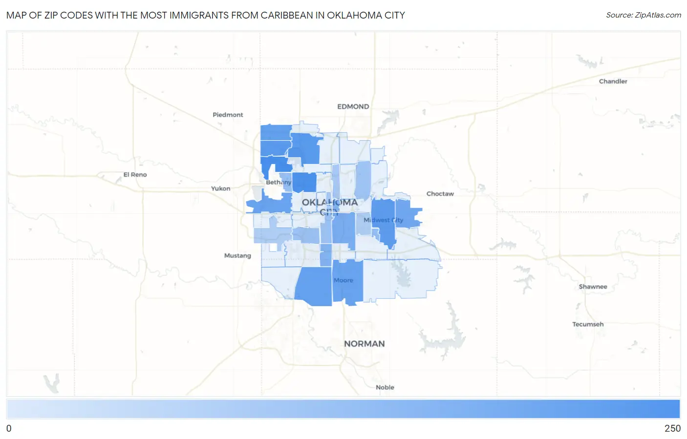Zip Codes with the Most Immigrants from Caribbean in Oklahoma City Map