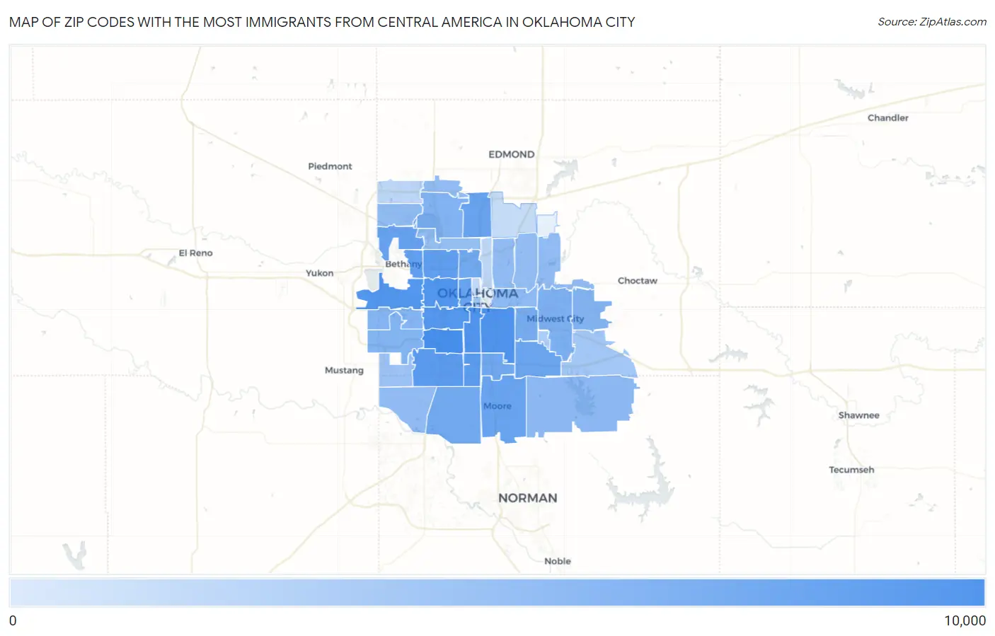 Zip Codes with the Most Immigrants from Central America in Oklahoma City Map