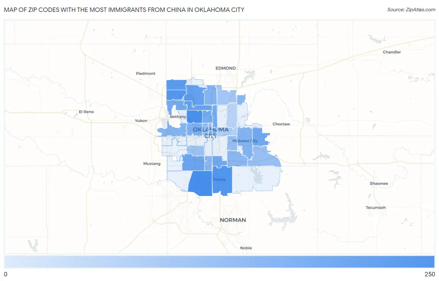 Zip Codes with the Most Immigrants from China in Oklahoma City Map