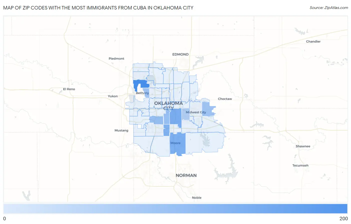 Zip Codes with the Most Immigrants from Cuba in Oklahoma City Map