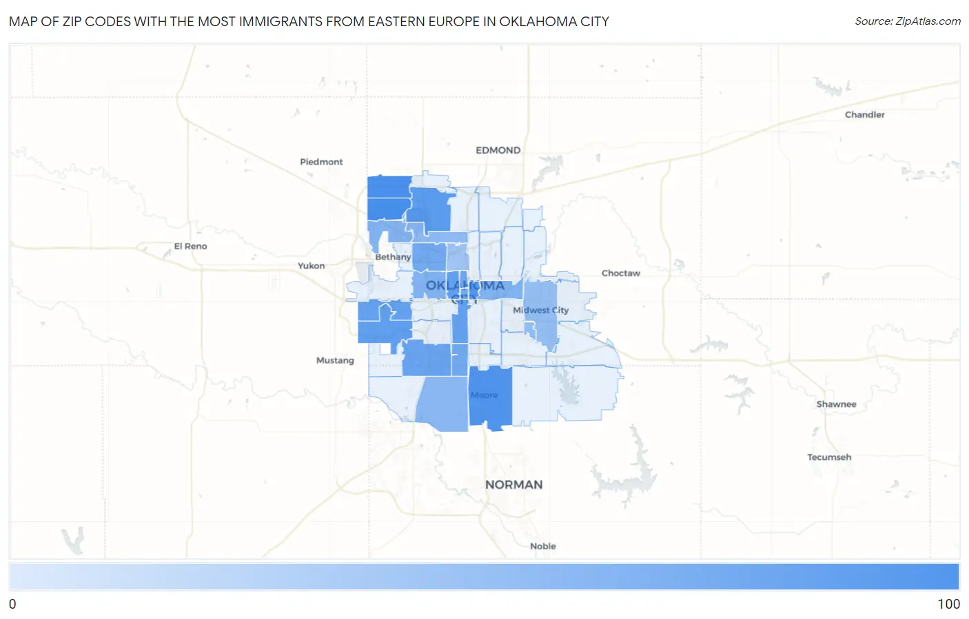 Zip Codes with the Most Immigrants from Eastern Europe in Oklahoma City Map