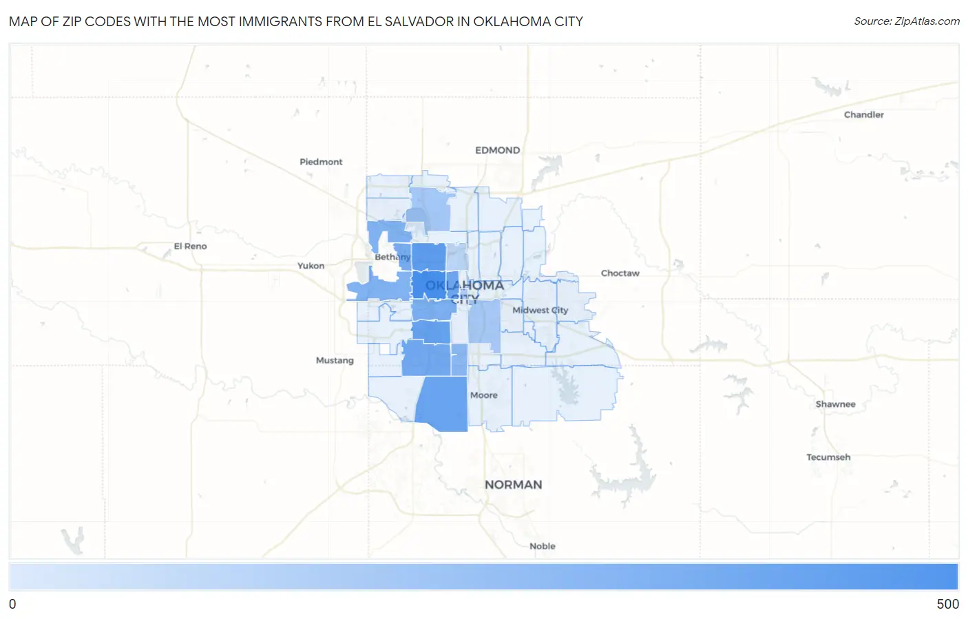 Zip Codes with the Most Immigrants from El Salvador in Oklahoma City Map